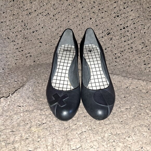CAMPER TWINS-X & O-Black Leather-Blue/Grey Stripe Heels-Size 41-Excellent - Picture 3 of 8